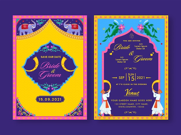 Vector colorful indian wedding invitation card on purple background.