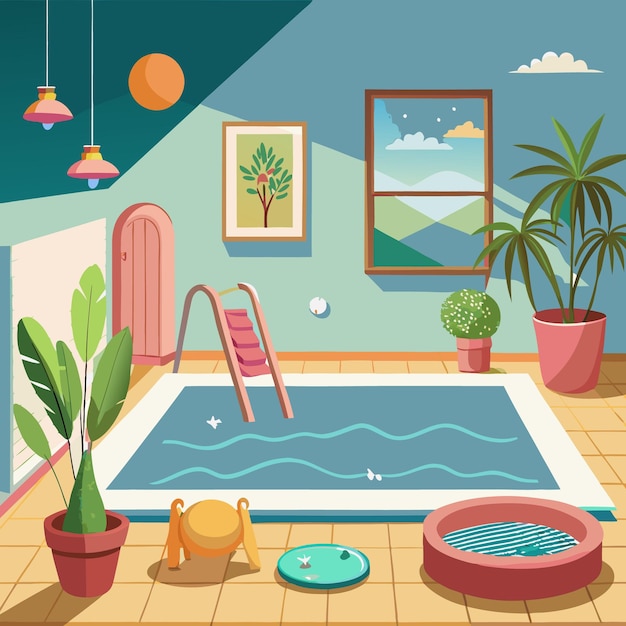 A colorful indoor pool area with plants and decorative elements