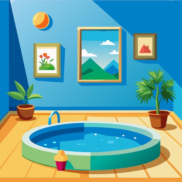 A colorful indoor space featuring a round pool and plants