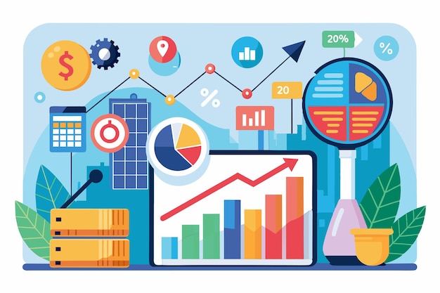 Vector a colorful infographic illustrates data analysis for market differences showcasing various graphs and charts on a laptop with business elements surrounding it