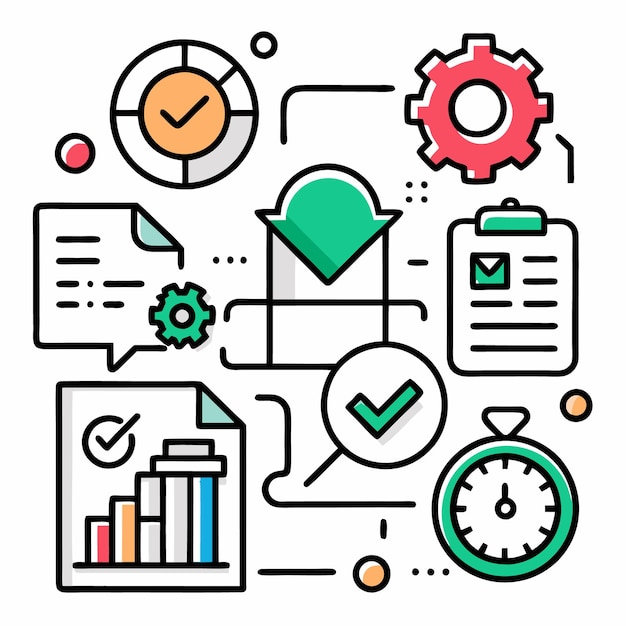 Colorful infographic illustration of business process management with charts checklist and clock