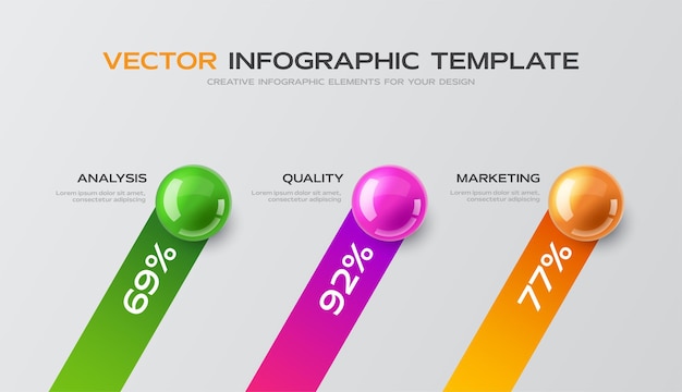 Vector colorful infographic presentation with 3 points dynamic bars chart design template