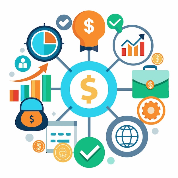 Colorful infographic with icons related to business and finance