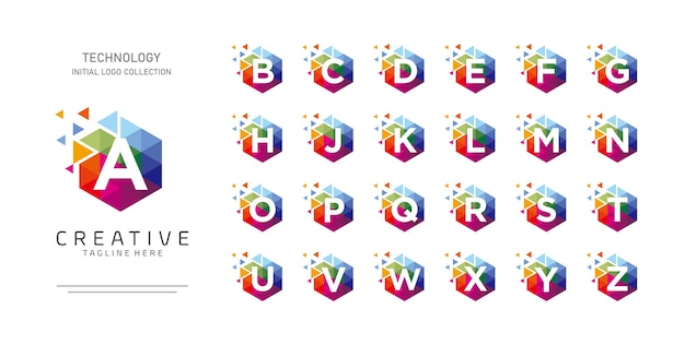 Colorful initial alphabet with hexagon and pixel motion concept logo design collection