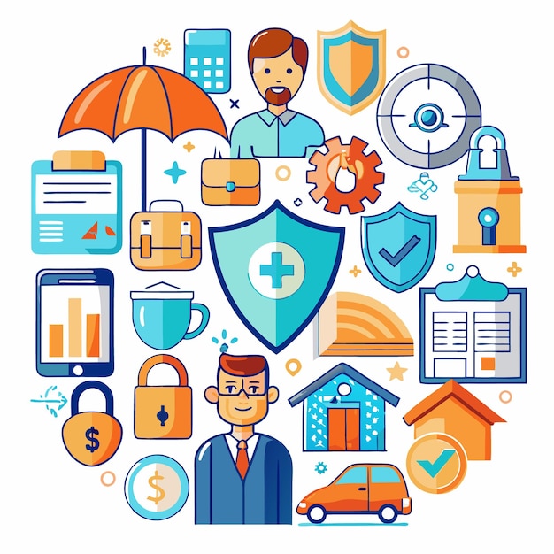 Colorful insurance icons including a house car lock shield umbrella and more