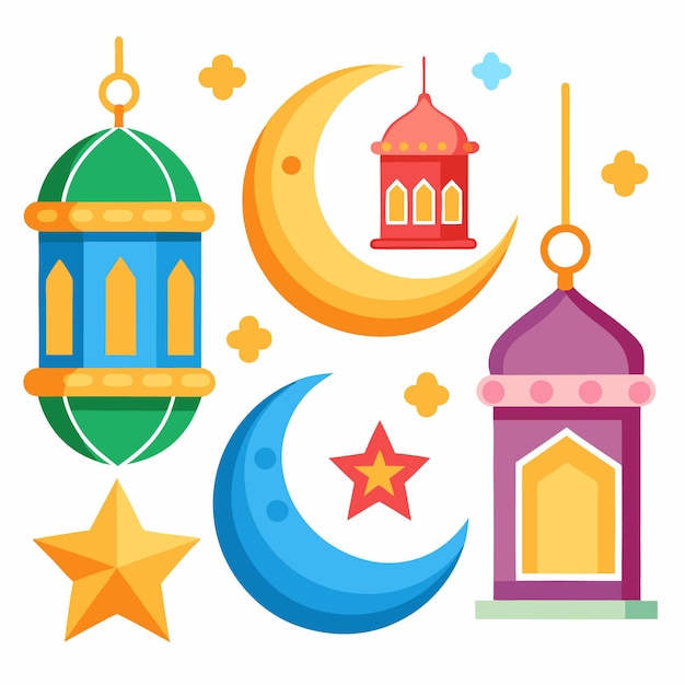 Colorful Islamic crescent moons stars and lanterns on white background