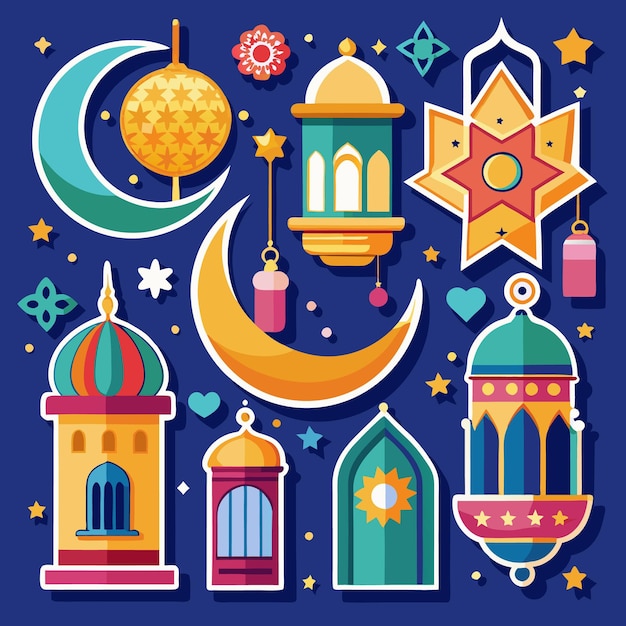 Colorful Islamic illustration of a crescent moon stars and lanterns