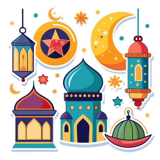 Colorful Islamic illustration with mosque crescent moon and lanterns