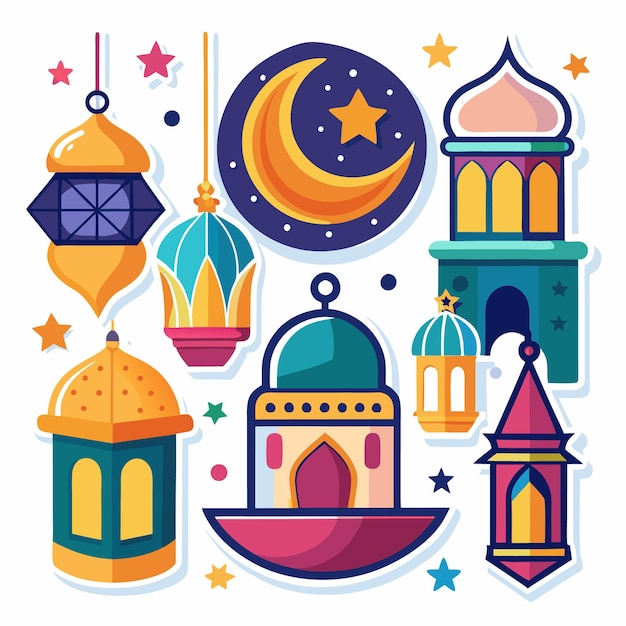 Colorful Islamic lanterns crescent moon and stars design