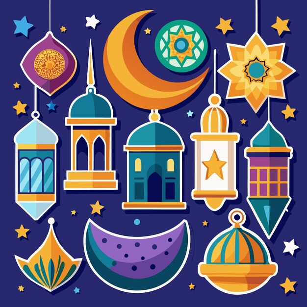 Colorful islamic pattern with hanging lanterns crescent moon and stars