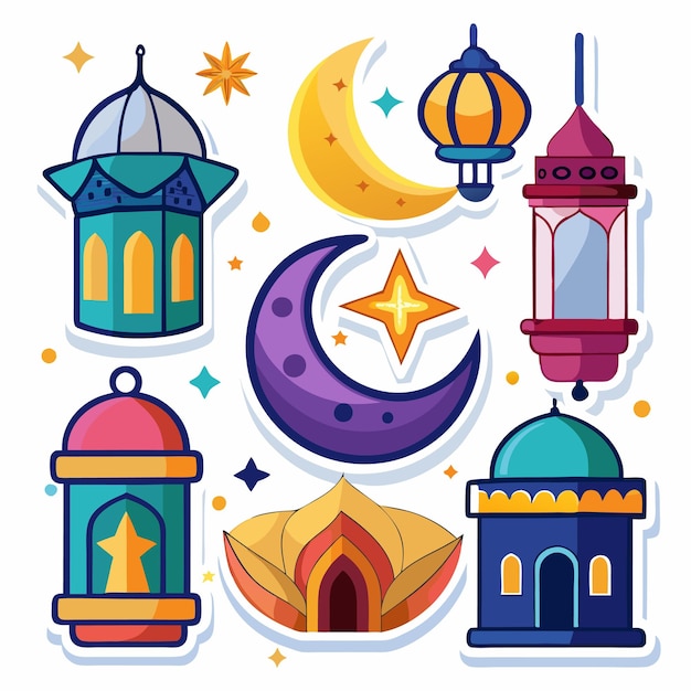 Vector colorful islamic stickers of mosques lanterns moons and stars