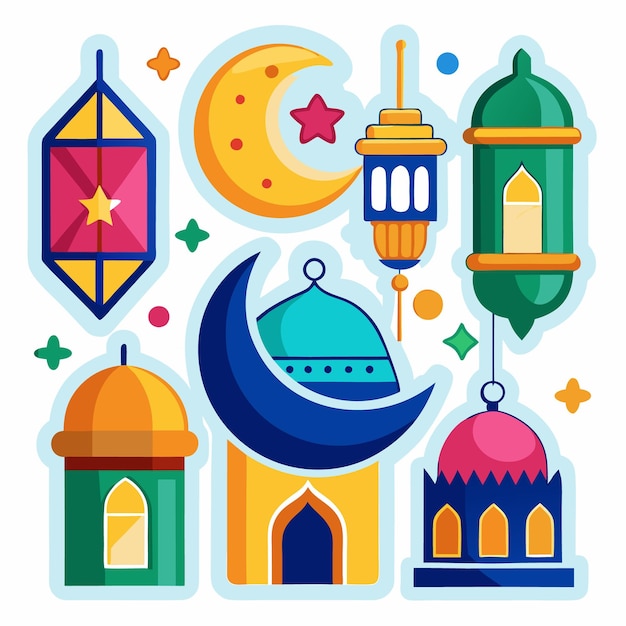 Colorful Islamic Stickers with mosque crescent and lanterns