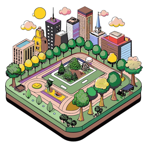 Vector a colorful isometric city park with trees buildings and playground