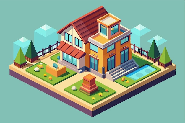 Vector a colorful isometric design of a house with customizable features surrounded by a landscaped garden select house customizable isometric illustration