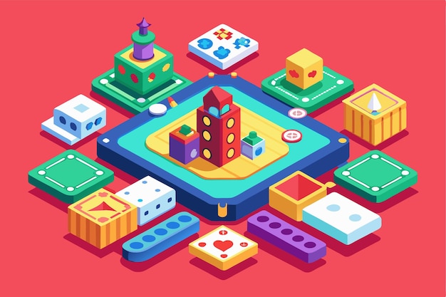 A colorful isometric illustration displays various game components for a customizable card game featuring dice tokens and playing boards