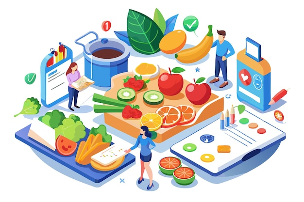 Vector a colorful isometric illustration of people working on a nutrition plan with a variety of healthy food items