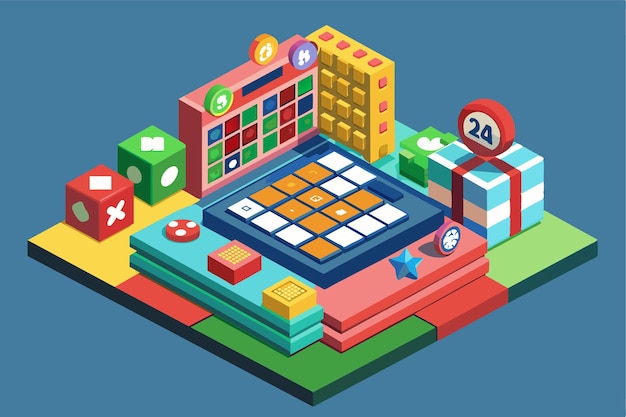 A colorful isometric illustration showcases a customizable bingo game setup with various gaming elements in an inviting playful layout