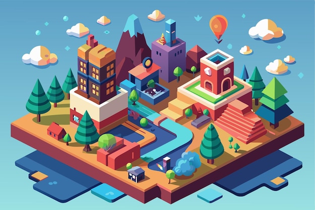 Vector a colorful isometric illustration of a small town with a river a mountain and a few buildings landscape mode customizable isometric illustration