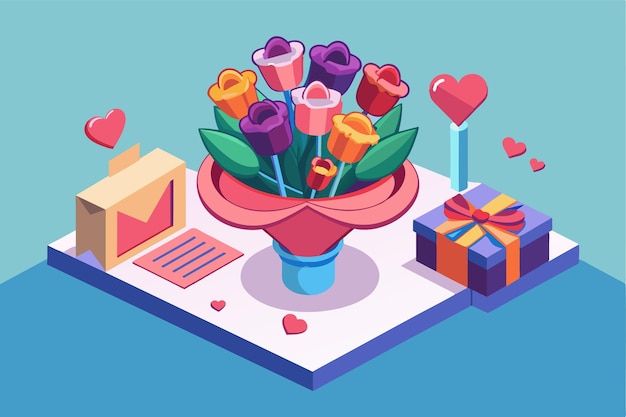 A colorful isometric illustration of a Valentines Day bouquet of flowers with a customizable card and other romantic gifts Valentines bouquet with a card Customizable Isometric Illustration