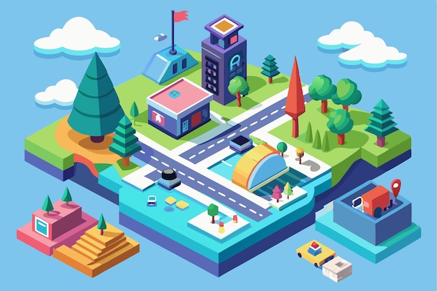 Vector a colorful isometric view illustrates a city layout with customizable navigation elements and landmarks navigation customizable isometric illustration