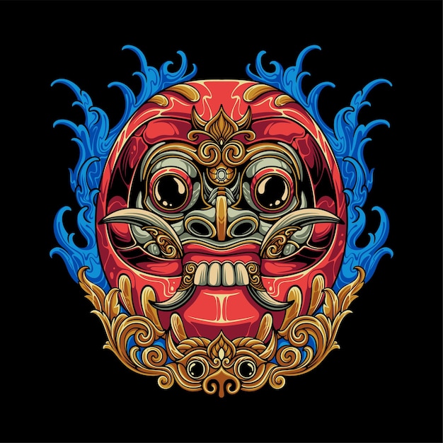 Colorful Japanese daruma blend with Balinese Rangda mask with ornaments and water background