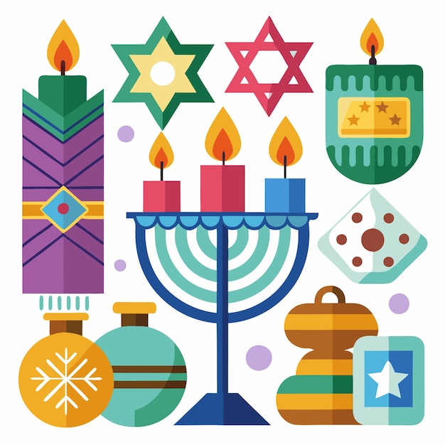 Colorful Jewish holiday symbols including a menorah candles dreidels and stars of David