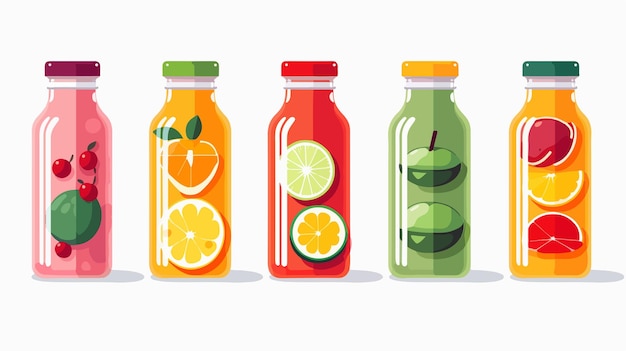 Colorful Juice Icons on White Background with Juice Bottle