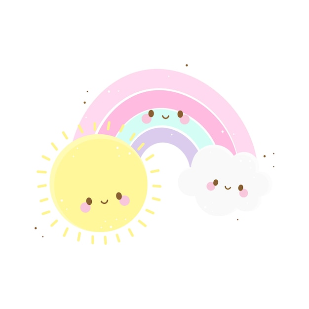 Colorful kawaii sun, cloud, rainbow cartoon cute infant girl baby shower