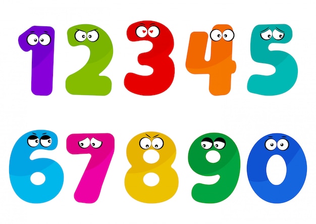 Colorful kids font numbers with cartoon eyes different emotions.