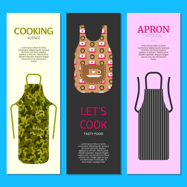 Vector colorful kitchen aprons set of banners  illustration. protective garment. cooking dress for housewife or chef of restaurant. coking science. lets cook tasty food. clothing.