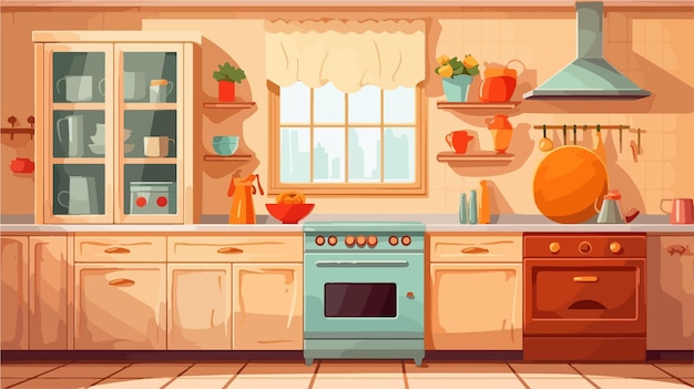 Vector colorful kitchen cartoon vector illustration on white background