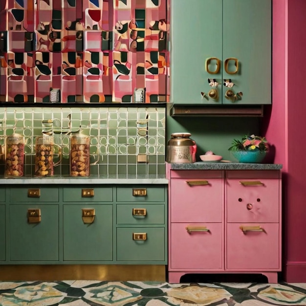 a colorful kitchen with a pink wall and a green cabinet with gold letters on it