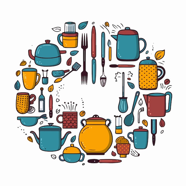 Vector colorful kitchenware set on white background