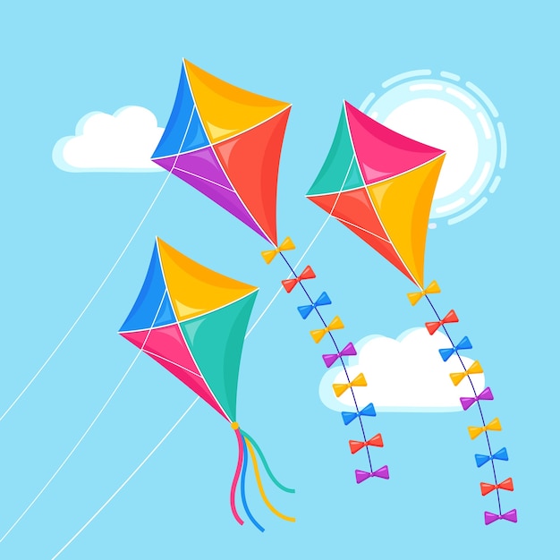 Colorful kite flying in blue sky, sun. Summer, spring holiday, toy for child.