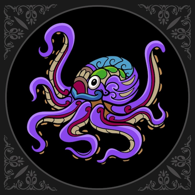 Colorful Kraken octopus zentangle arts isolated on black background