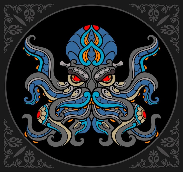 Colorful Kraken octopus zentangle arts isolated on black background