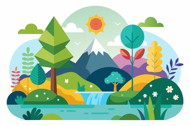 Vector colorful landscape illustration with mountains waterfall trees and flowers