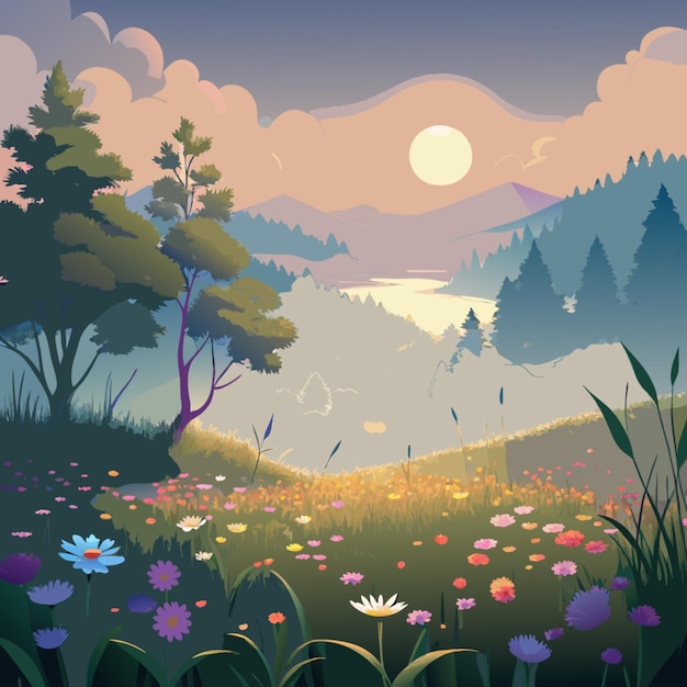 Vector a colorful landscape with a forest and a lake with a full moon in the background