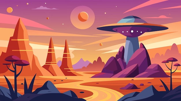 Vector a colorful landscape with a giant ufo on the top