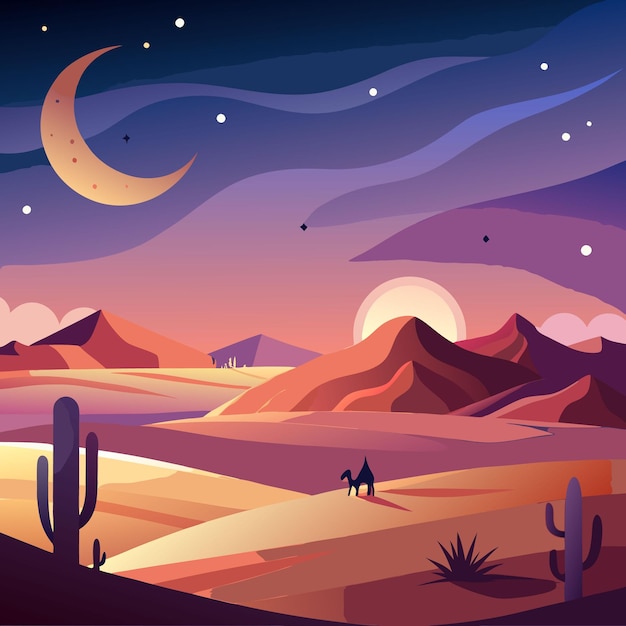 Vector a colorful landscape with a moon and stars in the sky