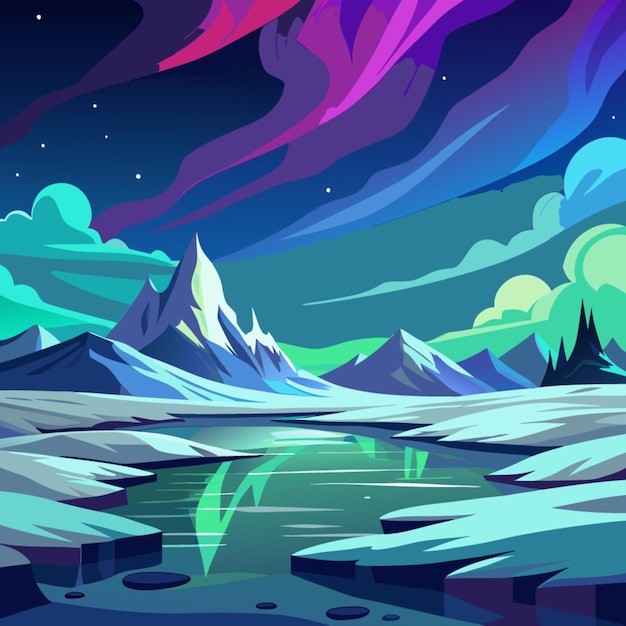 Vector a colorful landscape with mountains and a lake with snow and mountains