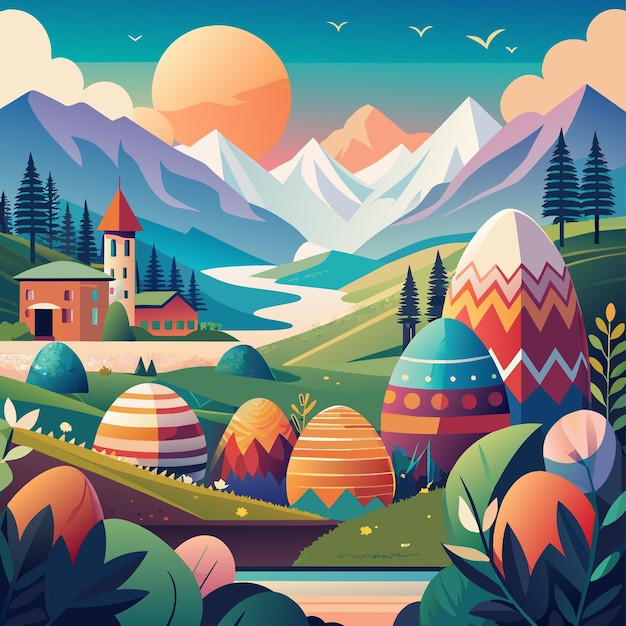 a colorful landscape with mountains and trees and mountains