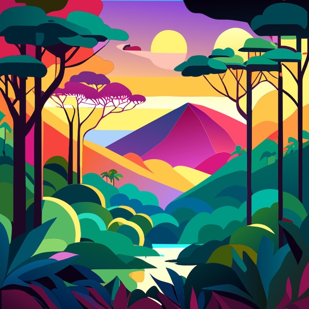 a colorful landscape with mountains and trees