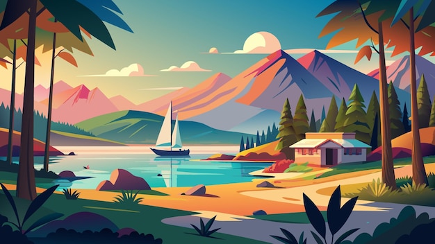 a colorful landscape with a sailboat and mountains