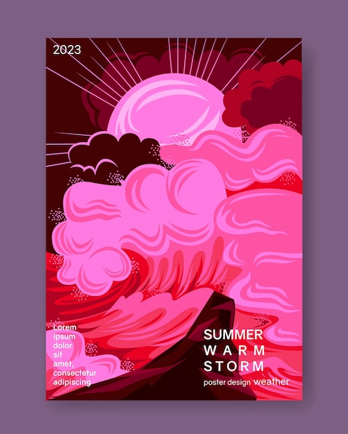 Colorful landscape with storm sunset and ocean waves vector illustration background for poster