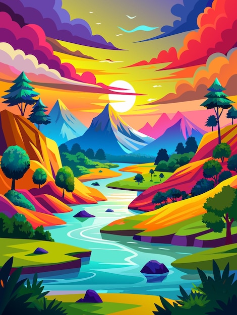 Vector colorful landscape with winding river and sunlit mountains