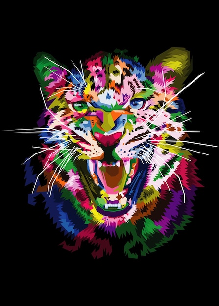 Colorful leopard head in pop art style isolated on black background