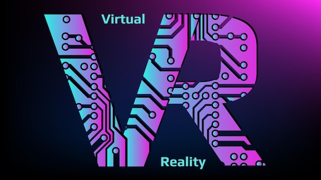 Colorful letters VR abbreviation for Virtual Reality perforated with PCB circuit board tracks on dark magenta background Concept for logo banners or advertising