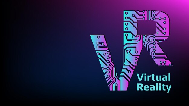 Colorful letters VR abbreviation for Virtual Reality perforated with PCB circuit board tracks with copy space on dark magenta background For banners or advertising