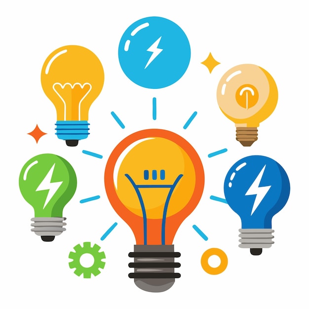 Vector colorful lightbulbs with lightning bolts and gear symbolizing innovation and inspiration